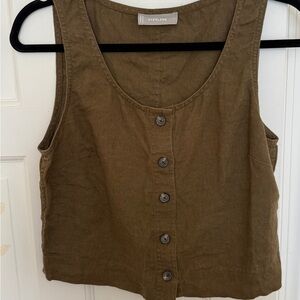 Everlane Khaki 100% Linen Cropped Sleeveless Button-Down
